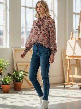 Topshop Floral Tie-Neck Blouse
